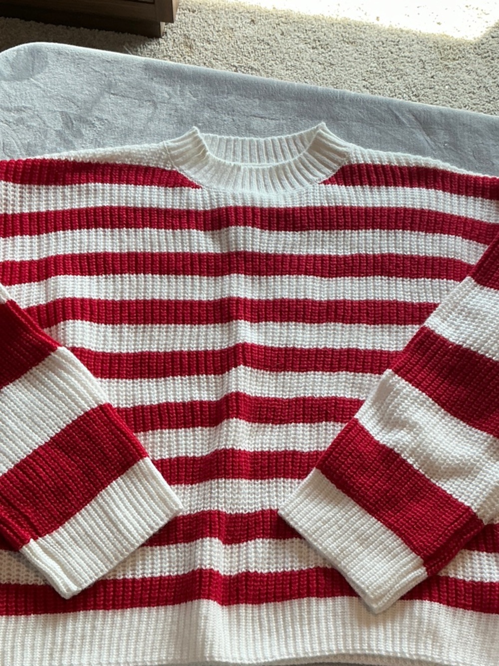 SHEIN Red and White Striped Crew Neck Sweater